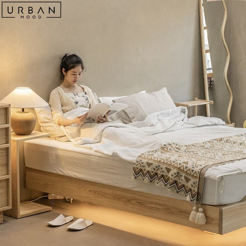 ESTEVES Japandi Solid Wood Platform Bed with Backlight - URBANMOOD