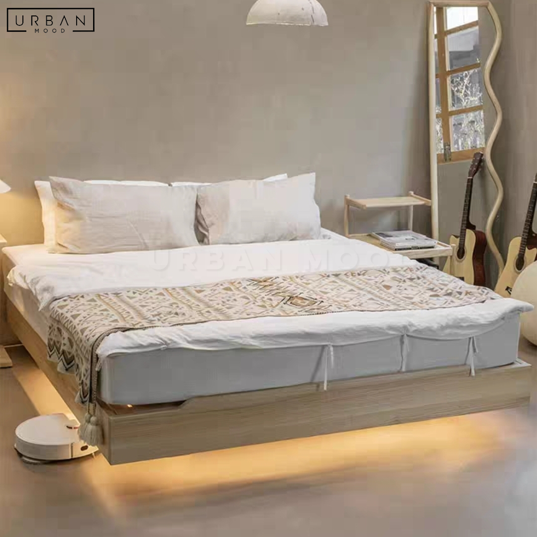 ESTEVES Japandi Solid Wood Platform Bed with Backlight - URBANMOOD