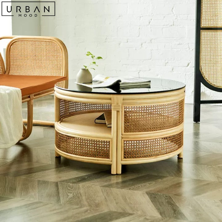 JENNI Rustic Rattan Coffee Table with Glass Top - URBANMOOD
