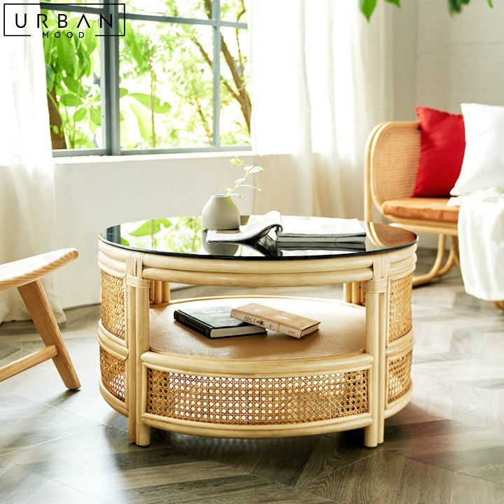 JENNI Rustic Rattan Coffee Table with Glass Top - URBANMOOD