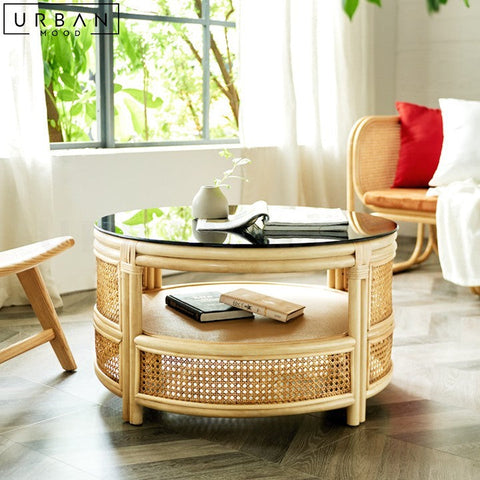 JENNI Rustic Rattan Coffee Table with Glass Top - URBANMOOD