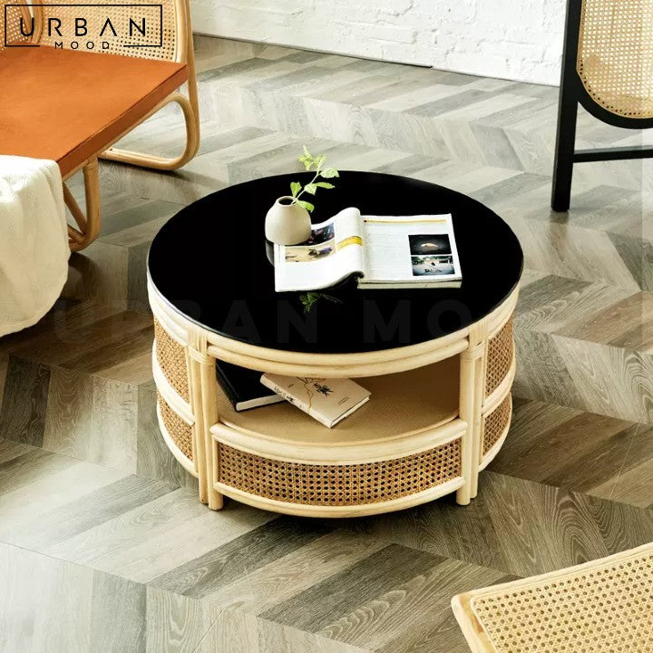 JENNI Rustic Rattan Coffee Table with Glass Top - URBANMOOD