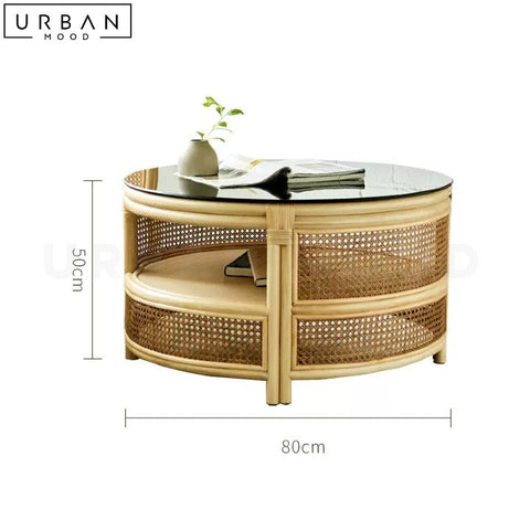 JENNI Rustic Rattan Coffee Table with Glass Top - URBANMOOD