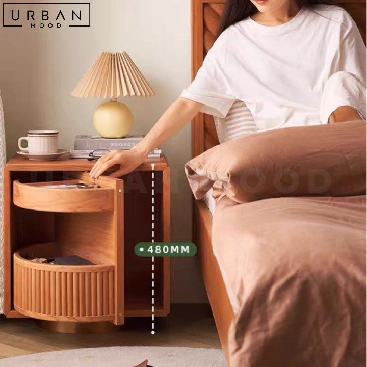 Japandi Solid Wood Bedside Table with Rotatable Door - URBANMOOD