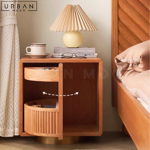 Japandi Solid Wood Bedside Table with Rotatable Door - URBANMOOD