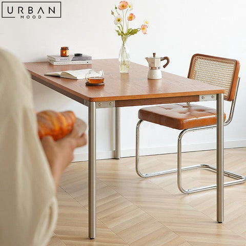 Japandi Solid Wood Dining Table with Stainless Steel Frame - URBANMOOD