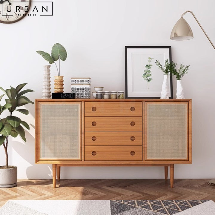 Japandi Solid Wood Sideboard with Rattan Doors - URBANMOOD