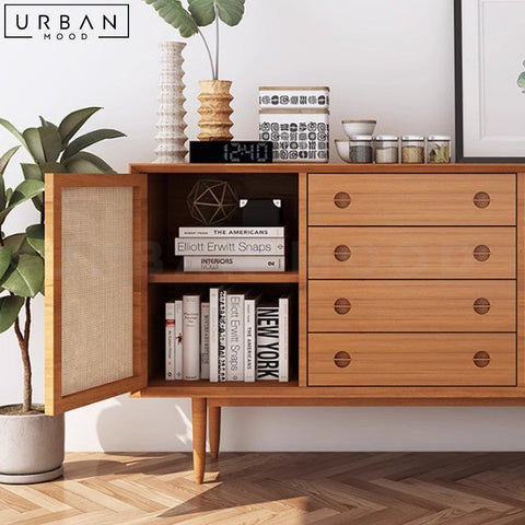 Japandi Solid Wood Sideboard with Rattan Doors - URBANMOOD