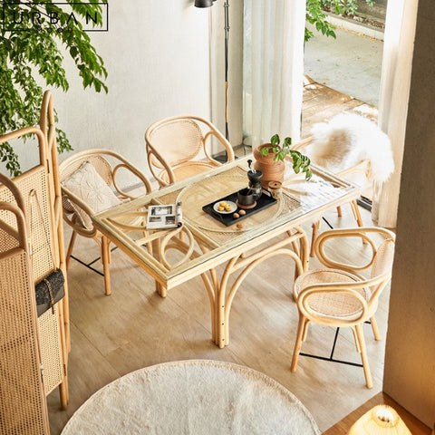 LEAO Rustic Rattan Dining Table with Tempered Glass Top - URBANMOOD