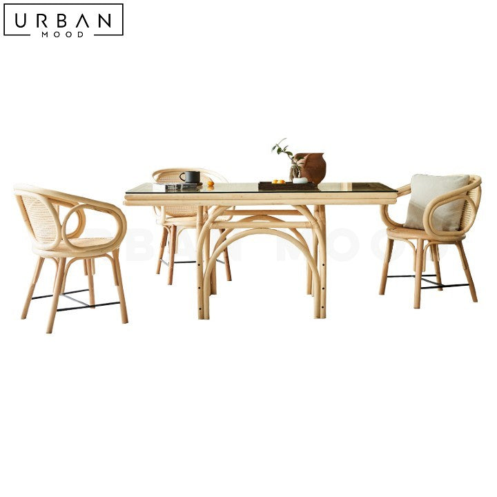 LEAO Rustic Rattan Dining Table with Tempered Glass Top - URBANMOOD