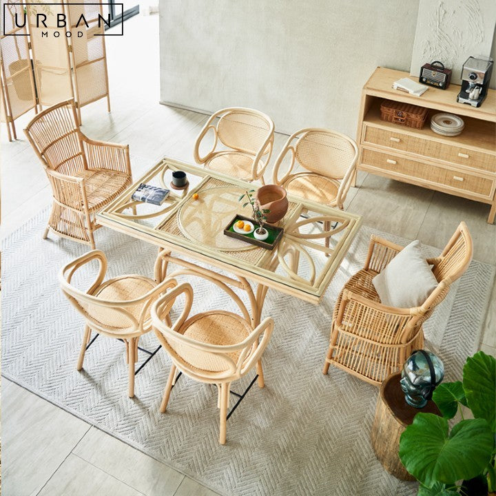 LEAO Rustic Rattan Dining Table with Tempered Glass Top - URBANMOOD