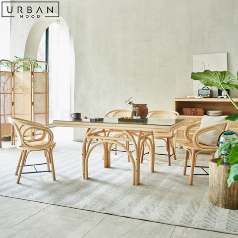 LEAO Rustic Rattan Dining Table with Tempered Glass Top - URBANMOOD