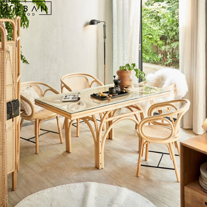 LEAO Rustic Rattan Dining Table with Tempered Glass Top - URBANMOOD