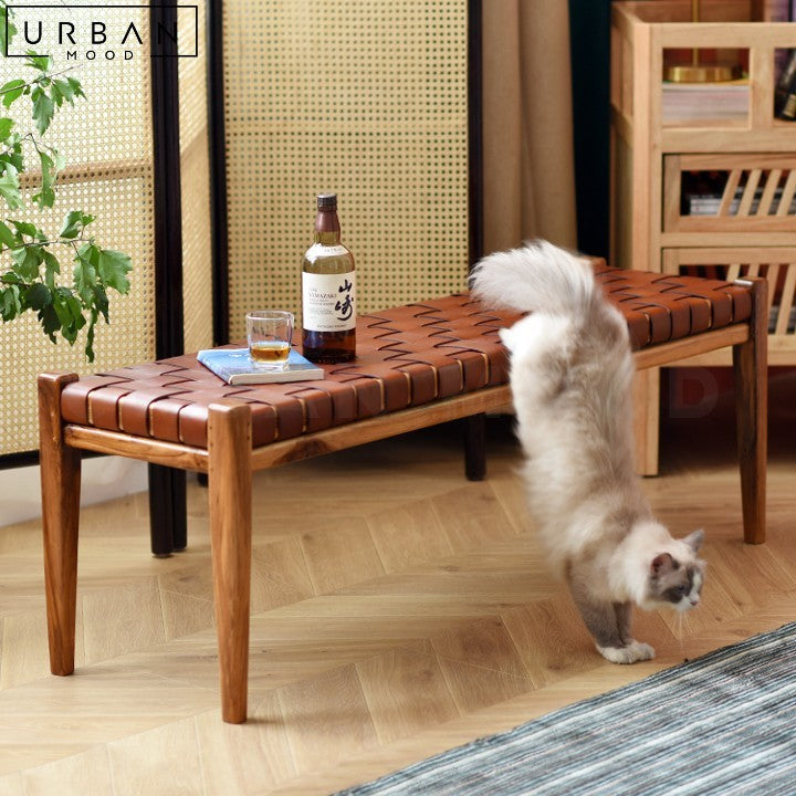 MATTA Retro Ash Wood and Saddle Leather Bench - URBANMOOD