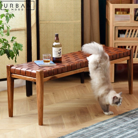 MATTA Retro Ash Wood and Saddle Leather Bench - URBANMOOD