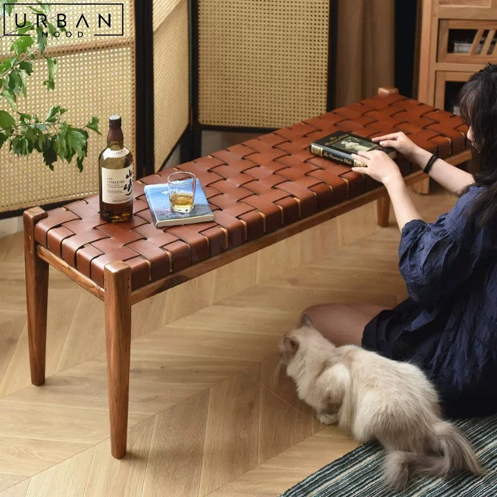 MATTA Retro Ash Wood and Saddle Leather Bench - URBANMOOD