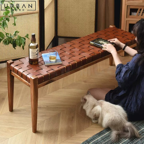 MATTA Retro Ash Wood and Saddle Leather Bench - URBANMOOD
