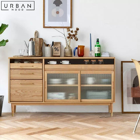 Mid Century Solid Wood Sideboard with Rattan or Glass Accents - URBANMOOD