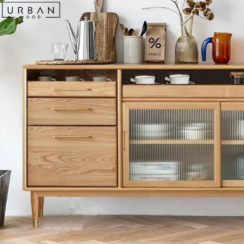 Mid Century Solid Wood Sideboard with Rattan or Glass Accents - URBANMOOD