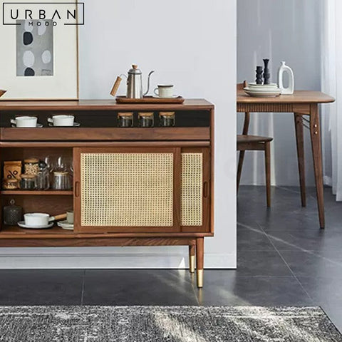 Mid Century Solid Wood Sideboard with Rattan or Glass Accents - URBANMOOD