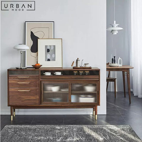 Mid Century Solid Wood Sideboard with Rattan or Glass Accents - URBANMOOD
