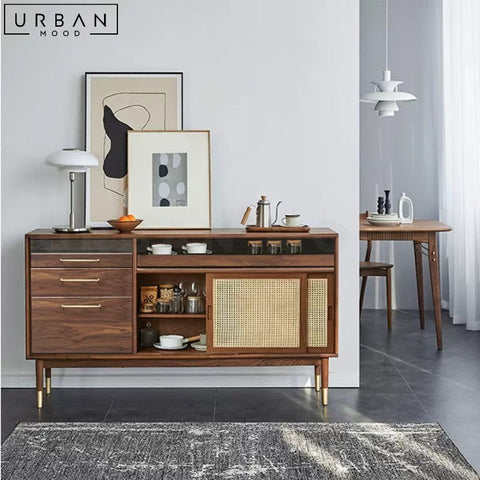 Mid Century Solid Wood Sideboard with Rattan or Glass Accents - URBANMOOD