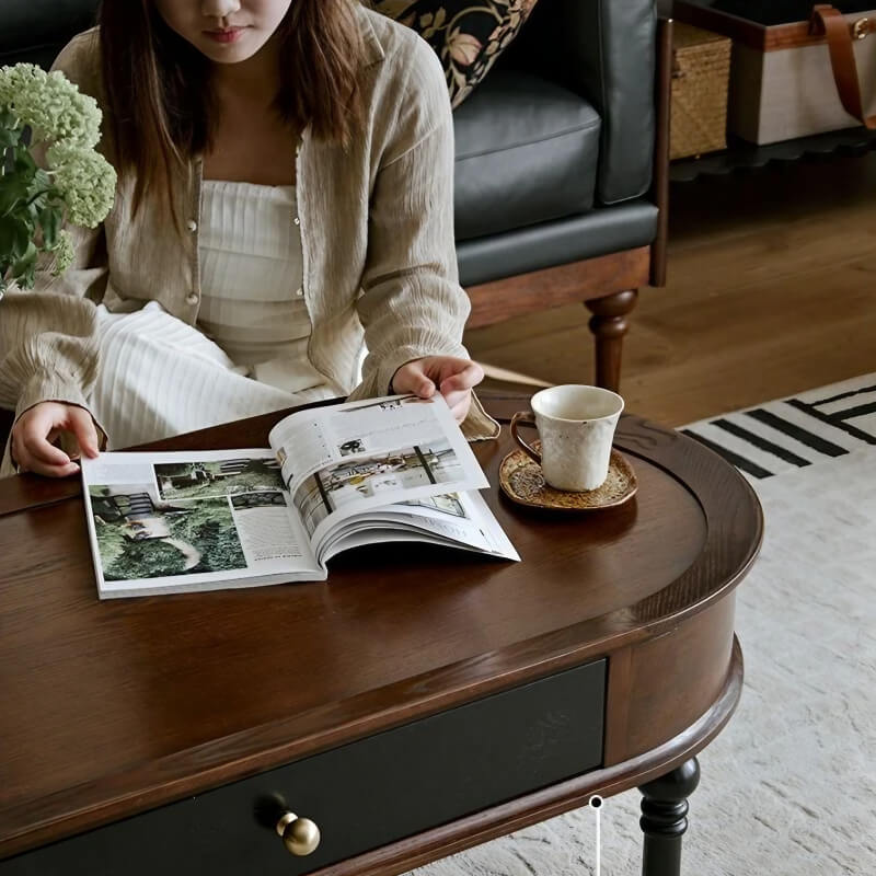 Rustic Oval Solid Wood Coffee Table 4 Legs with Storage and Drawers - Walnut