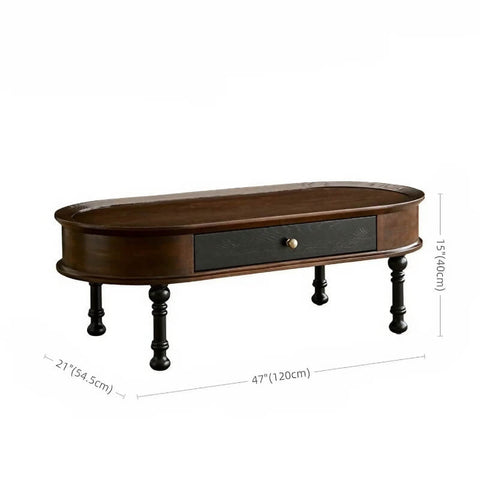 Rustic Oval Solid Wood Coffee Table 4 Legs with Storage and Drawers - Walnut