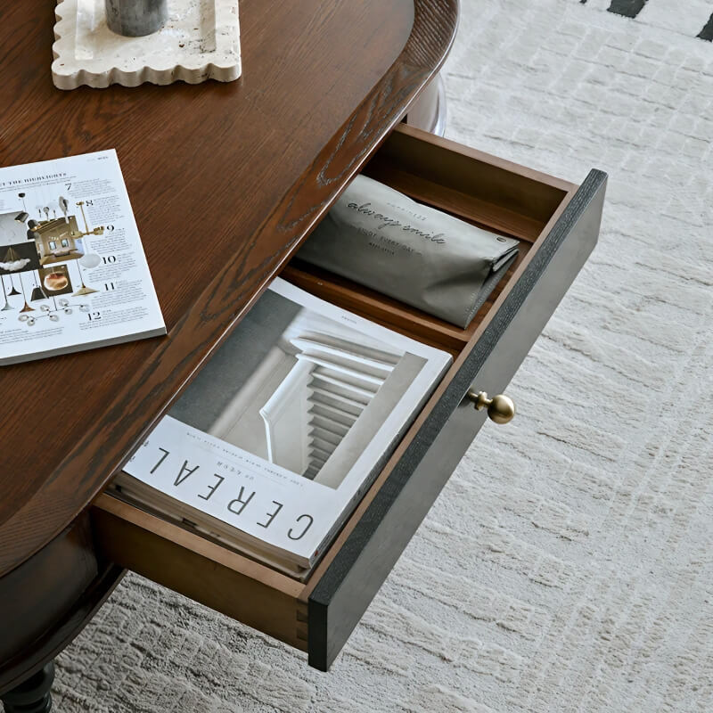 Rustic Oval Solid Wood Coffee Table 4 Legs with Storage and Drawers - Walnut