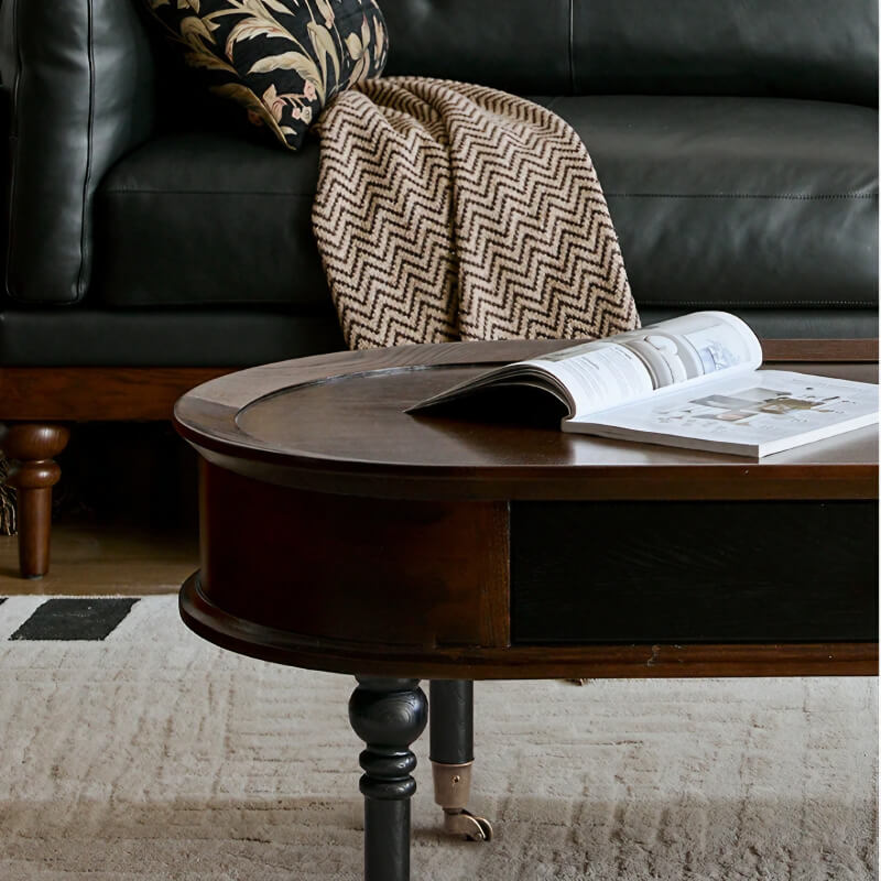 Rustic Oval Solid Wood Coffee Table 4 Legs with Storage and Drawers - Walnut