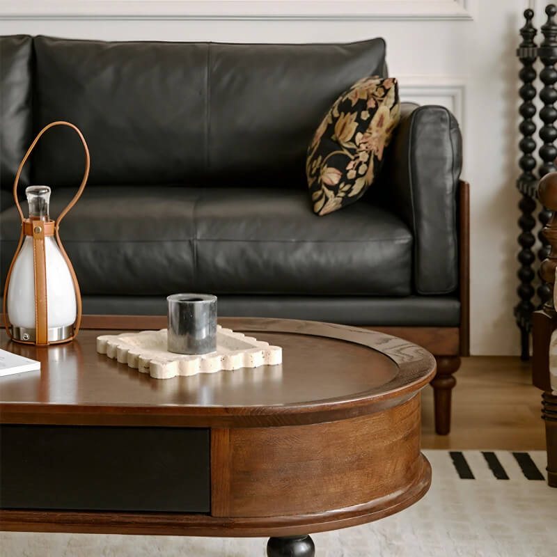 Rustic Oval Solid Wood Coffee Table 4 Legs with Storage and Drawers - Walnut