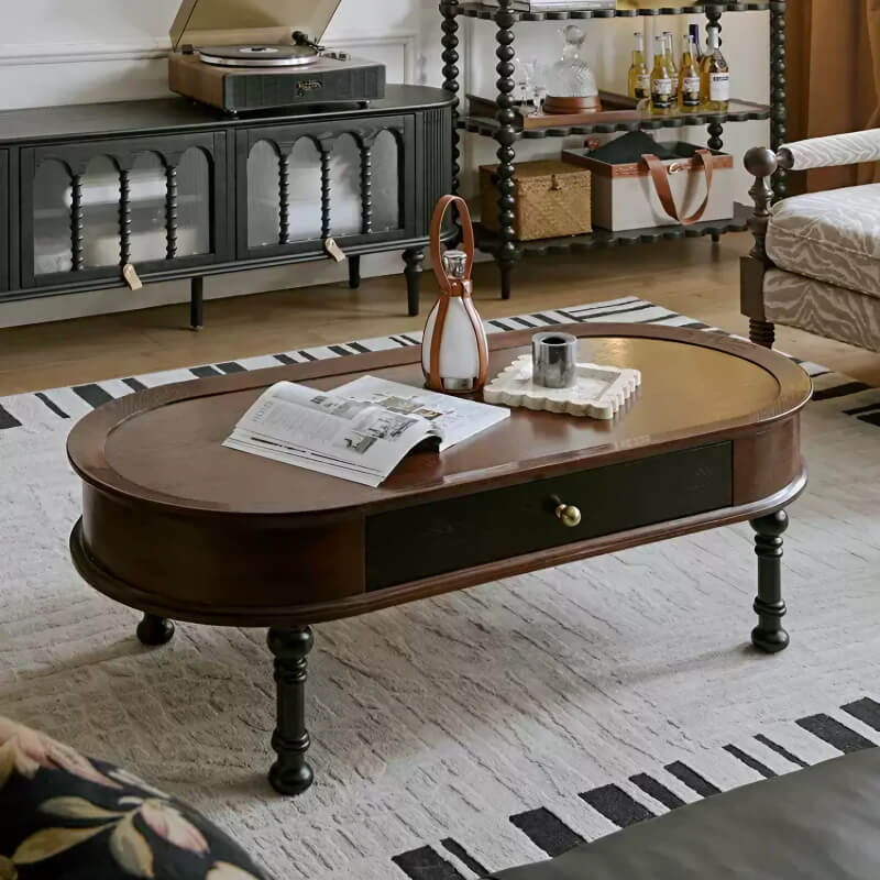 Rustic Oval Solid Wood Coffee Table 4 Legs with Storage and Drawers - Walnut