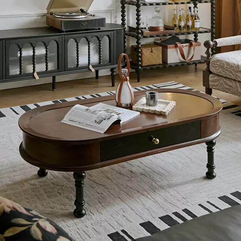 Rustic Oval Solid Wood Coffee Table 4 Legs with Storage and Drawers - Walnut
