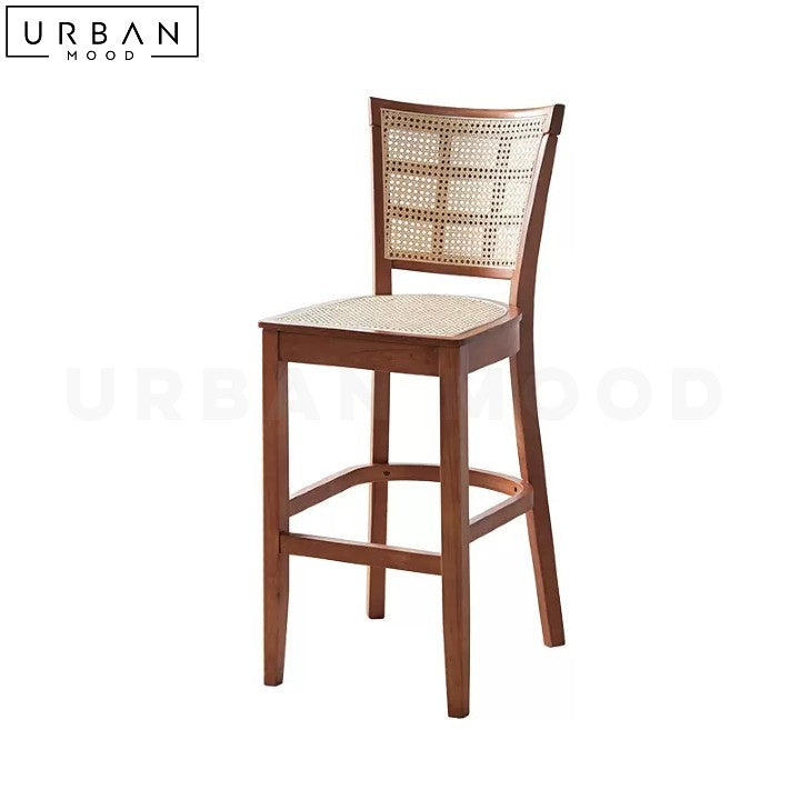 Rustic Rattan Bar Chair Tall Back Pine Wood Frame - URBANMOOD