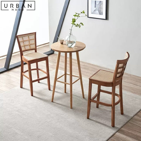 Rustic Rattan Bar Chair Tall Back Pine Wood Frame - URBANMOOD