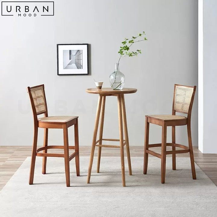 Rustic Rattan Bar Chair Tall Back Pine Wood Frame - URBANMOOD