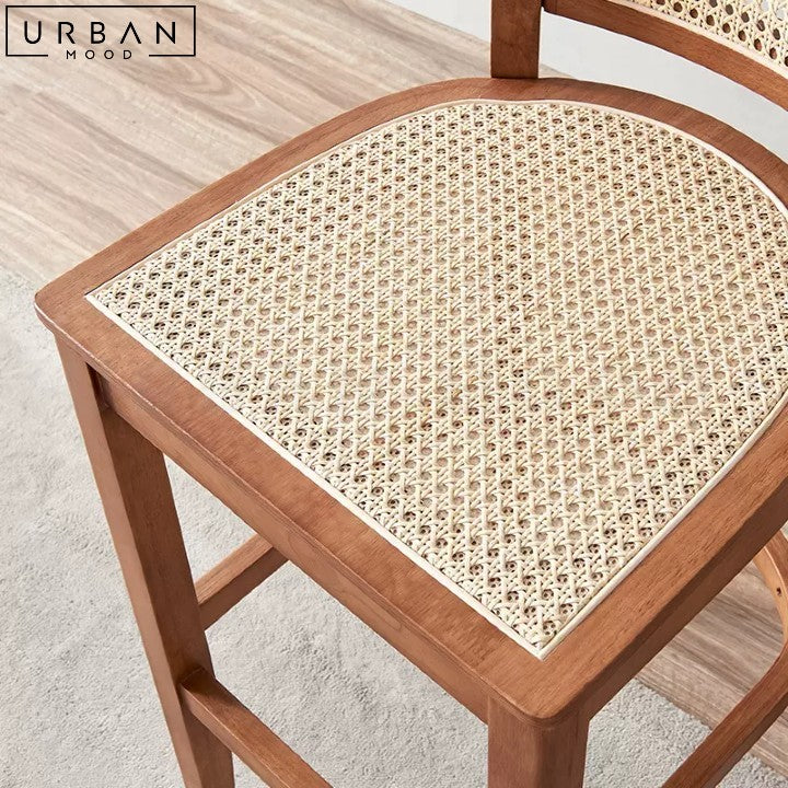 Rustic Rattan Bar Chair Tall Back Pine Wood Frame - URBANMOOD