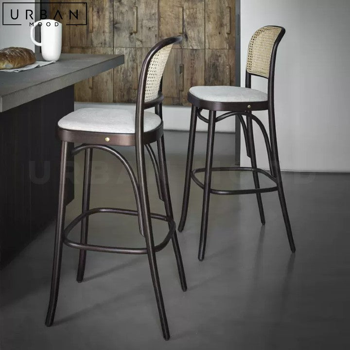 Rustic Rattan Bar Stool ALVES Durable Wood Seating - URBANMOOD