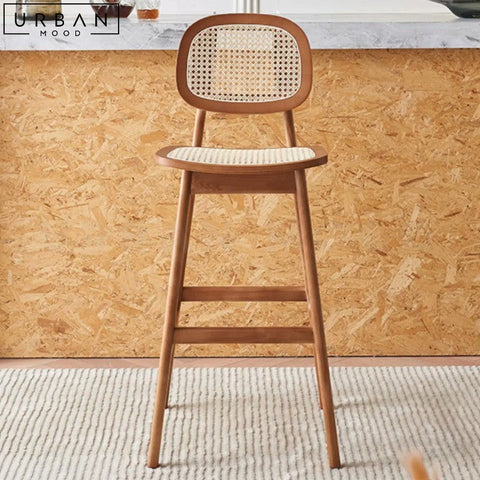 SAMILE Japandi Solid Wood Bar Stool with Rattan - URBANMOOD