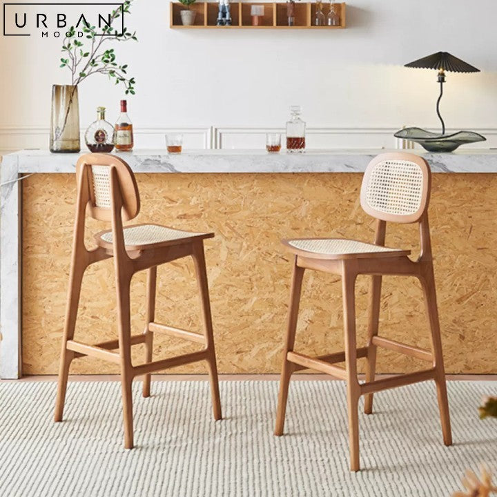 SAMILE Japandi Solid Wood Bar Stool with Rattan - URBANMOOD