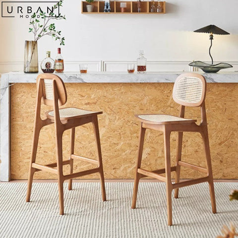 SAMILE Japandi Solid Wood Bar Stool with Rattan - URBANMOOD