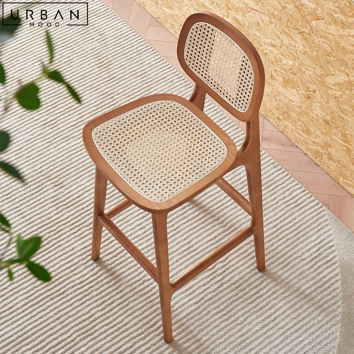SAMILE Japandi Solid Wood Bar Stool with Rattan - URBANMOOD