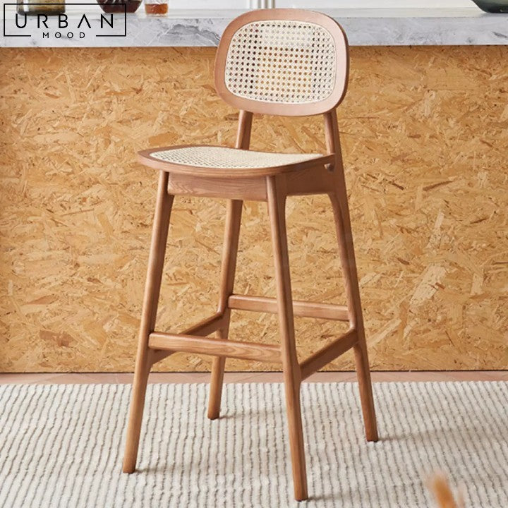 SAMILE Japandi Solid Wood Bar Stool with Rattan - URBANMOOD