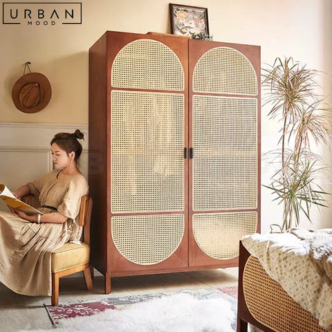 Vintage Rattan Wardrobe Pine Wood Storage Unit - URBANMOOD
