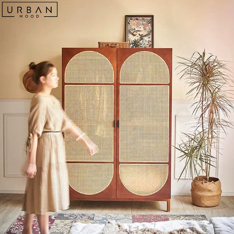 Vintage Rattan Wardrobe Pine Wood Storage Unit - URBANMOOD