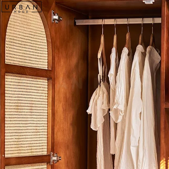 Vintage Rattan Wardrobe Pine Wood Storage Unit - URBANMOOD