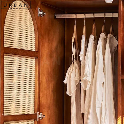 Vintage Rattan Wardrobe Pine Wood Storage Unit - URBANMOOD