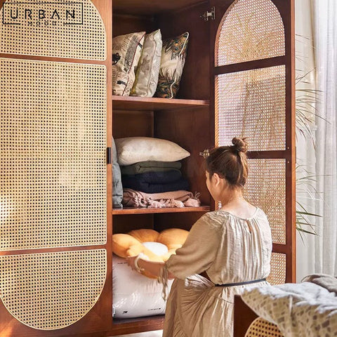 Vintage Rattan Wardrobe Pine Wood Storage Unit - URBANMOOD