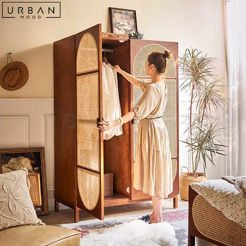 Vintage Rattan Wardrobe Pine Wood Storage Unit - URBANMOOD