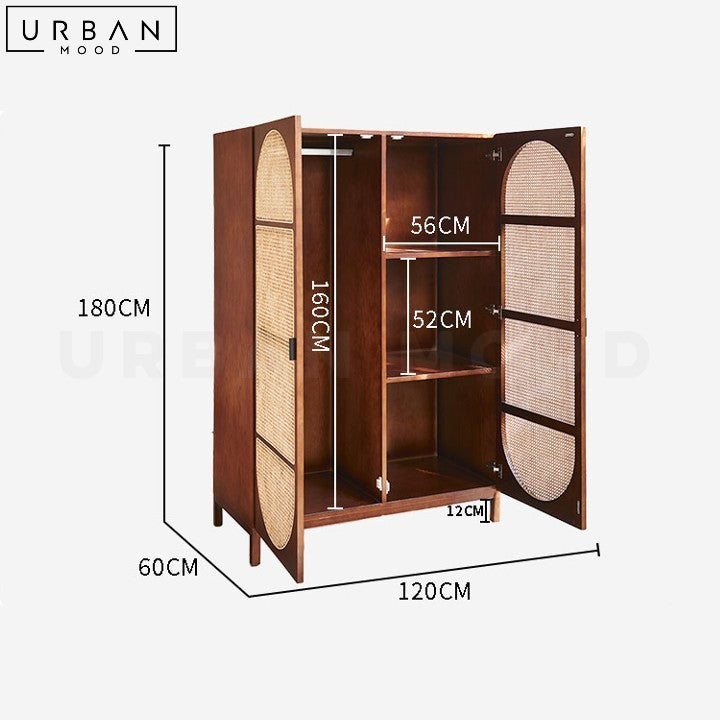 Vintage Rattan Wardrobe Pine Wood Storage Unit - URBANMOOD